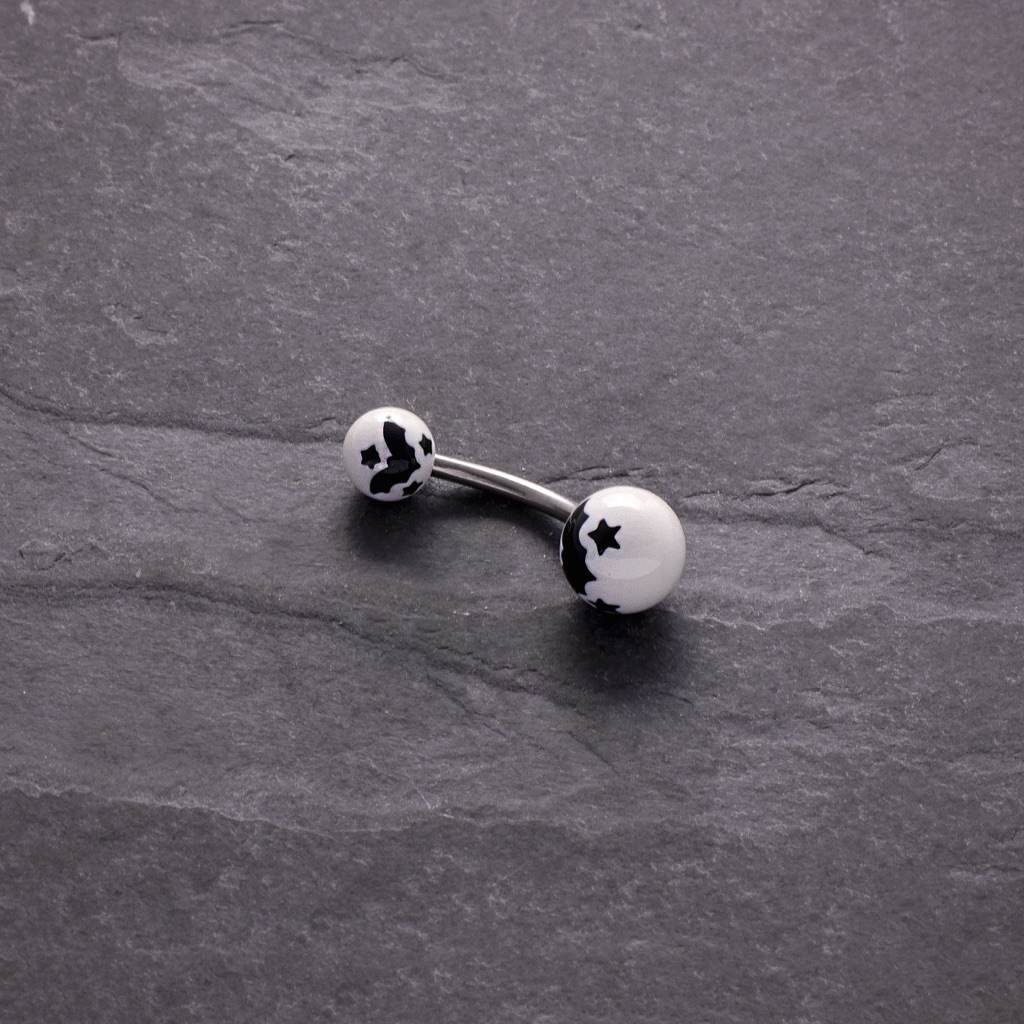 Surgical Grade Stainless Steel Naval Barbell With White  Black Bat Balls Design
